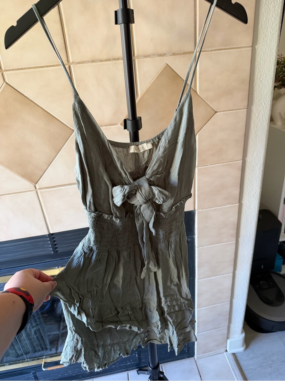 Women's Olive Green Tie-Front Sleeveless Romper
